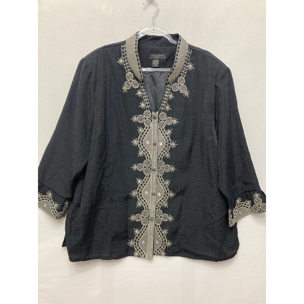 Silk Land Jacket 3X Black Embroidered Rhinestone Silk Blend Evening Formal